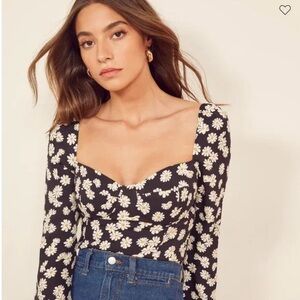 Reformation Reign Top - Daisy Black and White Floral Blouse